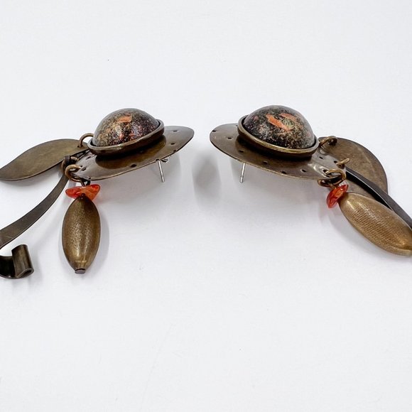 NWOT - Artisan BOHO Brass Tone Textured Metal Dangle Post Earrings - Picture 6 of 6